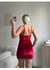 Askılı Drapeli Kadife Elbise - BORDO