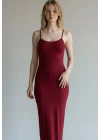 Askılı Viskon Maxi Elbise - BORDO