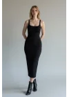 Askılı Vücuda Oturan Midi Elbise - SİYAH