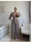 Bağlamalı Crop & Pantolon Takım - VİZON