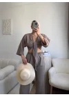 Bağlamalı Crop & Pantolon Takım - VİZON
