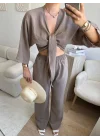Bağlamalı Crop & Pantolon Takım - VİZON