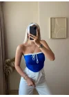 Bağlamalı Straplez Crop-Saks MAVİ