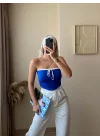 Bağlamalı Straplez Crop-Saks MAVİ