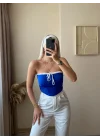 Bağlamalı Straplez Crop-Saks MAVİ