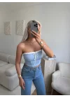 Bağlamalı Straplez Crop-Bebe Mavi