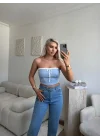 Bağlamalı Straplez Crop-Bebe Mavi