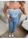 Bağlamalı Straplez Crop-Bebe Mavi