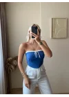 Bağlamalı Straplez Crop-Gök Mavisi
