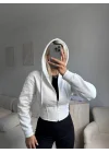 Bel Korse Kapşonlu Hırka - BEYAZ