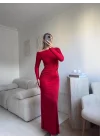 Bel Kruvaze Kayık Yaka Elbise - KIRMIZI