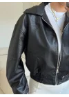 Bel Lastik Deri Ceket - SİYAH