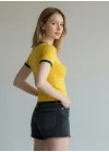 Biyeli Crop Tişört - SARI