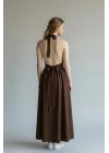 Boyun Bağlamalı Poplin Elbise - KAHVE