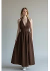 Boyun Bağlamalı Poplin Elbise - KAHVE