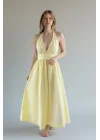 Boyun Bağlamalı Poplin Elbise - SARI