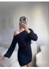 Drapeli Büzgülü Basic Elbise - SİYAH