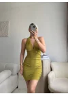 Boyun Bağlamalı Tokalı Elbise - YAĞ YEŞİLİ