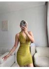 Boyun Bağlamalı Tokalı Elbise - YAĞ YEŞİLİ
