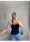 Boyun Geçmeli Aksesuar Crop - SİYAH