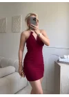 Boyun Gold Aksesuar Mini Elbise - BORDO