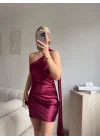 Boyundan Bağlamalı Saten Mini Elbise - BORDO