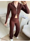 Çift Fermuar Crop & Pantolon Takım - KAHVE