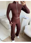 Çift Fermuar Crop & Pantolon Takım - KAHVE