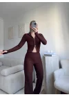 Çift Fermuar Crop & Pantolon Takım - KAHVE