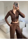 Modal Fermuar Crop & Pantolon Takım - KAHVE