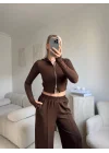Modal Fermuar Crop & Pantolon Takım - KAHVE