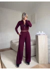 Modal Fermuar Crop & Pantolon Takım - BORDO