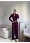Çift Fermuar Crop & Pantolon Takım - MOR