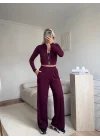 Modal Fermuar Crop & Pantolon Takım - BORDO