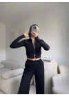 Modal Fermuar Crop & Pantolon Takım - SİYAH