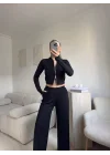 Modal Fermuar Crop & Pantolon Takım - SİYAH