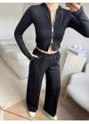 Modal Fermuar Crop & Pantolon Takım - SİYAH