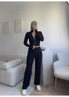 Çift Fermuar Crop & Pantolon Takım - SİYAH