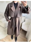 Çizgili Premium Oversize Trençkot - KAHVE