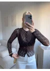 Dantel Uzun Kollu Düğmeli Bluz - KAHVE