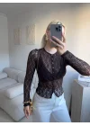 Dantel Uzun Kollu Düğmeli Bluz - KAHVE