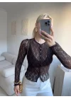 Dantel Uzun Kollu Düğmeli Bluz - KAHVE