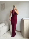 Degaje Yaka Dantel Detay Elbise - BORDO