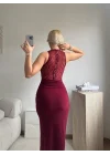 Degaje Yaka Dantel Detay Elbise - BORDO