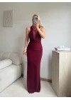 Degaje Yaka Dantel Detay Elbise - BORDO