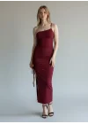 Derin Yırtmaç Omuz Askılı Elbise - BORDO