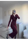 Derin Yırtmaçlı Taşlı Kruvaze Elbise - BORDO