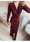 Derin Yırtmaçlı Taşlı Kruvaze Elbise - BORDO
