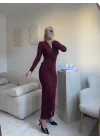 Derin Yırtmaçlı Taşlı Kruvaze Elbise - BORDO