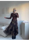 Desenli Şifon Midi Etek- KAHVE